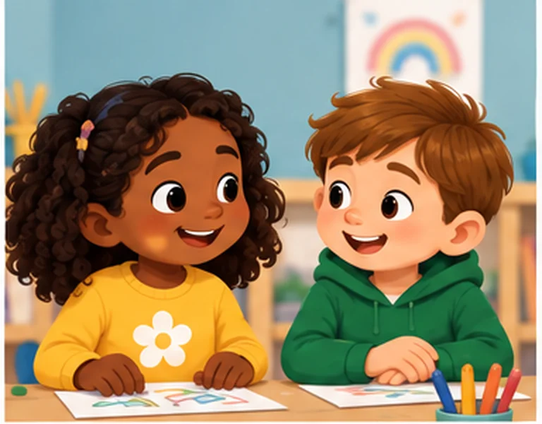 Two children sitting together at a table with drawing materials